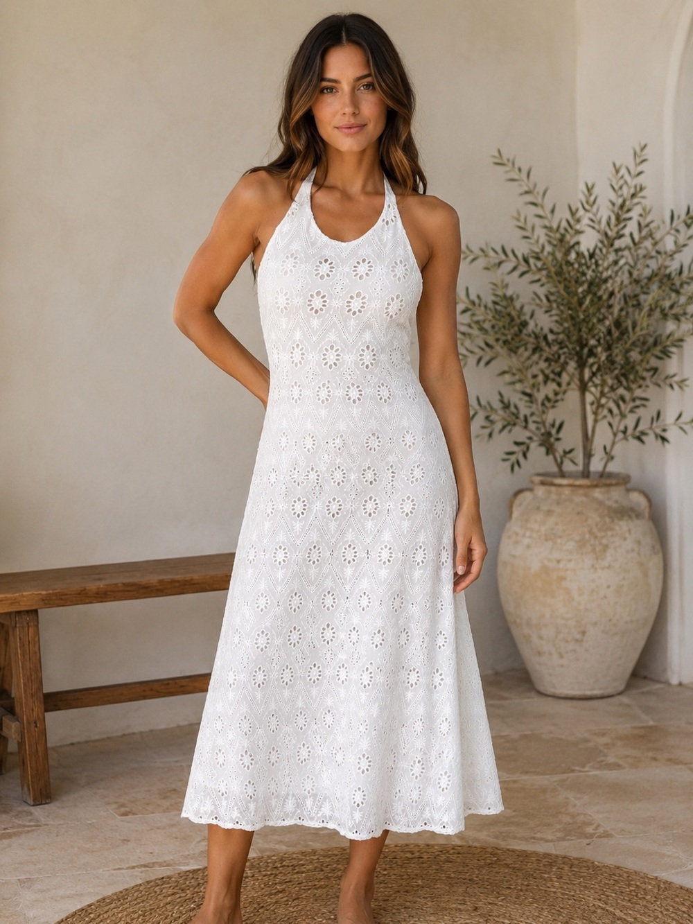 Zara Woman ZW White Eyelet Lace Halter Midi Dress - Size M - Open Back
